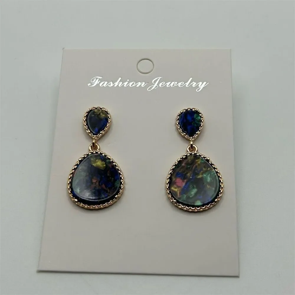 Blue & Green Faux Abalone Shell Stud Teardrop Earrings Gold-Tone Classic Chic